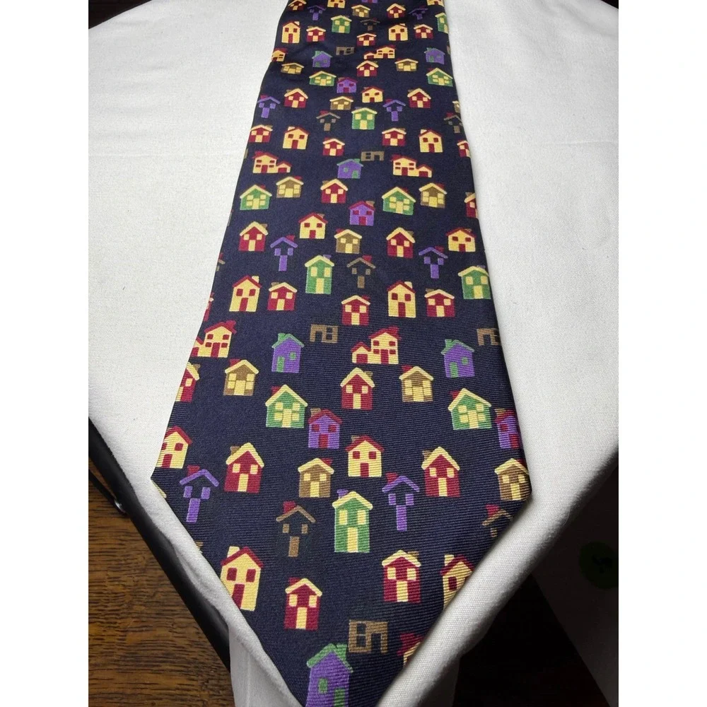 Habitat for Humanity Silk Necktie Navy Blue Houses Novelty Print Men's Accessory